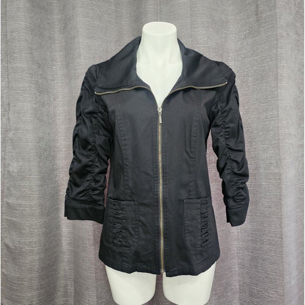 Tribal Womens Jacket Top Black Zip Pockets 3/4 Gather Ruched Sleeve‎ Size 6
